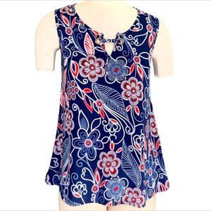 Espresso Mod Swing Tank Top Cutout Neck Grommets Sz M Floral Red White Blue #23H